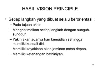 HASIL VISION PRINCIPLE
• Setiap langkah yang dibuat selalu berorientasi :
– Pada tujuan akhir.
– Mengoptimalkan setiap langkah dengan sunguh-
sungguh.
– Yakin akan adanya hari kemudian sehingga
memiliki kendali diri.
– Memiliki keyakinan akan jaminan masa depan.
– Memiliki ketenangan bathiniyah.
39
 