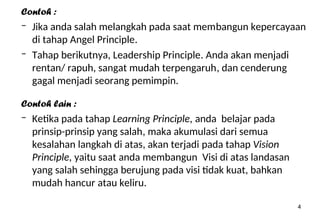 4
Contoh :
– Jika anda salah melangkah pada saat membangun kepercayaan
di tahap Angel Principle.
– Tahap berikutnya, Leadership Principle. Anda akan menjadi
rentan/ rapuh, sangat mudah terpengaruh, dan cenderung
gagal menjadi seorang pemimpin.
Contoh lain :
– Ketika pada tahap Learning Principle, anda belajar pada
prinsip-prinsip yang salah, maka akumulasi dari semua
kesalahan langkah di atas, akan terjadi pada tahap Vision
Principle, yaitu saat anda membangun Visi di atas landasan
yang salah sehingga berujung pada visi tidak kuat, bahkan
mudah hancur atau keliru.
 