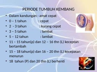 PERIODE TUMBUH KEMBANG
• Dalam kandungan : amat cepat
• 0 – 1 tahun : cepat
• 2 - 3 tahun : kurang cepat
• 3 – 5 tahun : lambat
• 5 – 12 tahun : lambat
• 11 – 15 tahun(p) dan 12 – 16 thn (L) keceptan
bertambah
• 15 – 18 tahun(p) dan 16 – 20 thn (L) kecepatan
menurun
• 18 tahun (P) dan 20 thn (L) berhenti
 