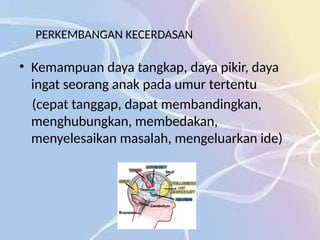 PERKEMBANGAN KECERDASAN
• Kemampuan daya tangkap, daya pikir, daya
ingat seorang anak pada umur tertentu
(cepat tanggap, dapat membandingkan,
menghubungkan, membedakan,
menyelesaikan masalah, mengeluarkan ide)
 