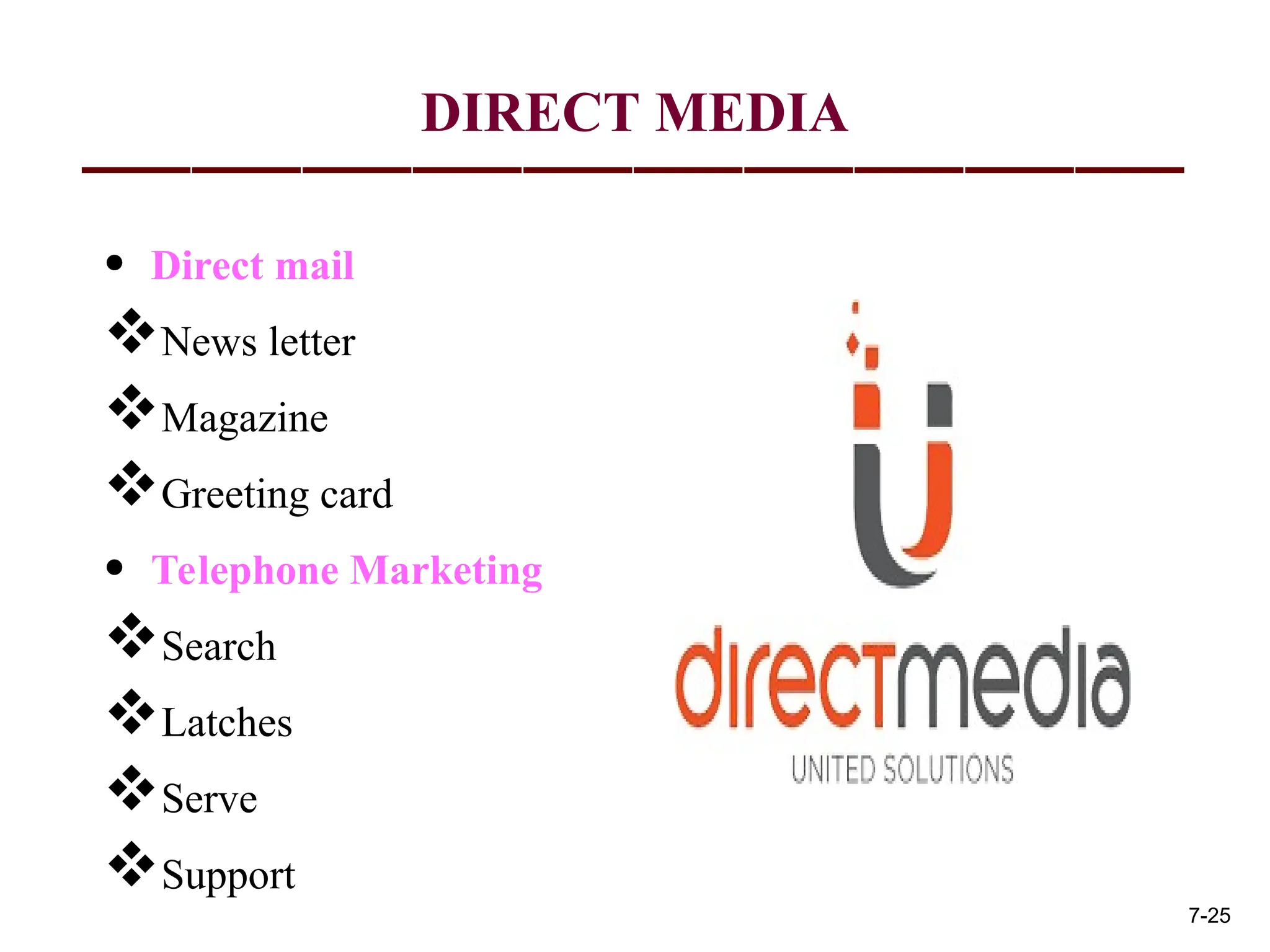 DIRECT MEDIA
• Direct mail
News letter
Magazine
Greeting card
• Telephone Marketing
Search
Latches
Serve
Support
7-25
 