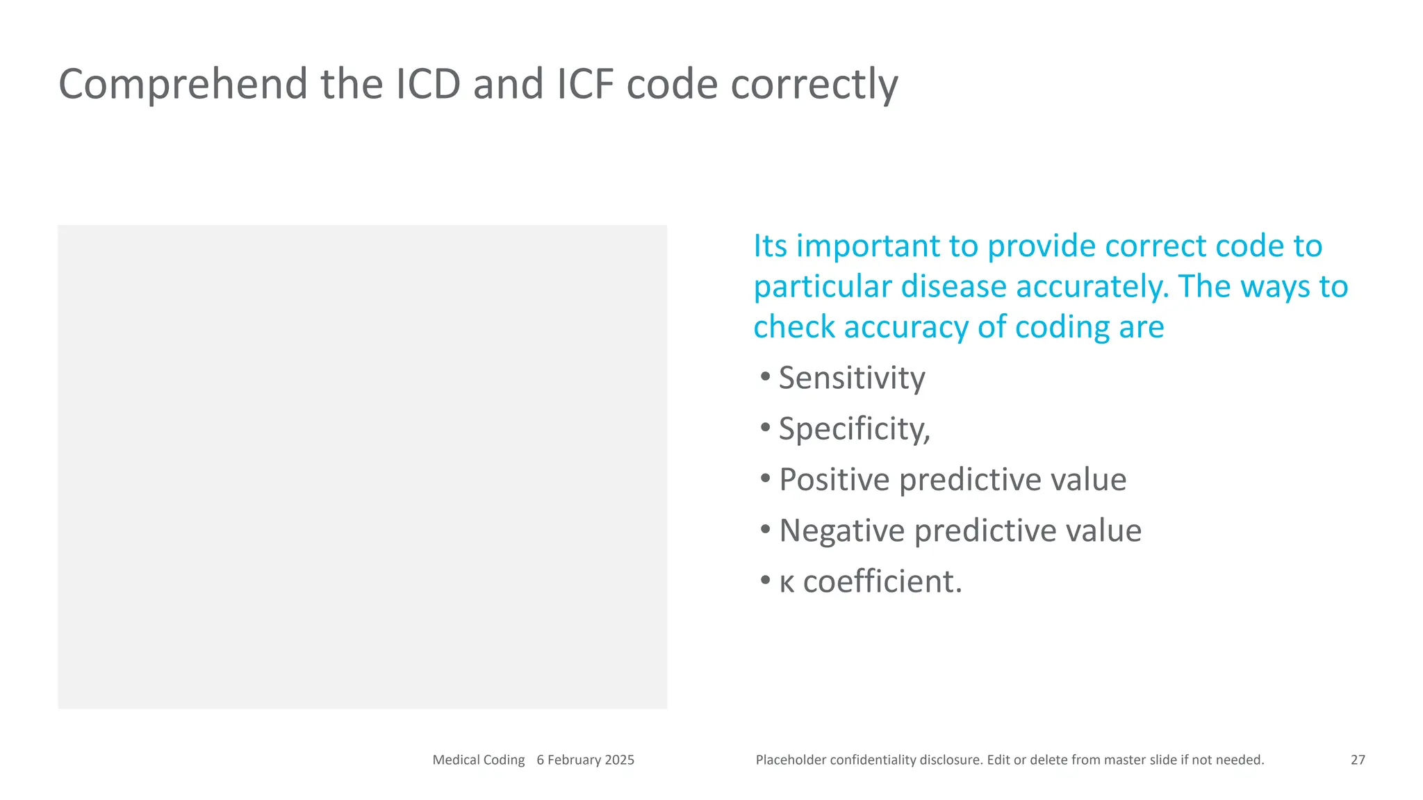 Placeholder confidentiality disclosure. Edit or delete from master slide if not needed.
Its important to provide correct code to
particular disease accurately. The ways to
check accuracy of coding are
• Sensitivity
• Specificity,
• Positive predictive value
• Negative predictive value
• κ coefficient.
Comprehend the ICD and ICF code correctly
27
6 February 2025
Medical Coding
 