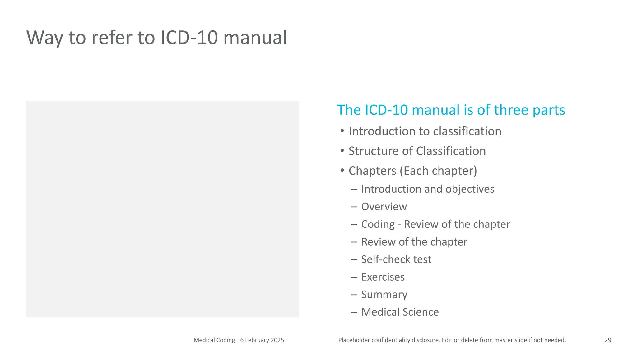Placeholder confidentiality disclosure. Edit or delete from master slide if not needed.
The ICD-10 manual is of three parts
• Introduction to classification
• Structure of Classification
• Chapters (Each chapter)
– Introduction and objectives
– Overview
– Coding - Review of the chapter
– Review of the chapter
– Self-check test
– Exercises
– Summary
– Medical Science
Way to refer to ICD-10 manual
29
6 February 2025
Medical Coding
 
