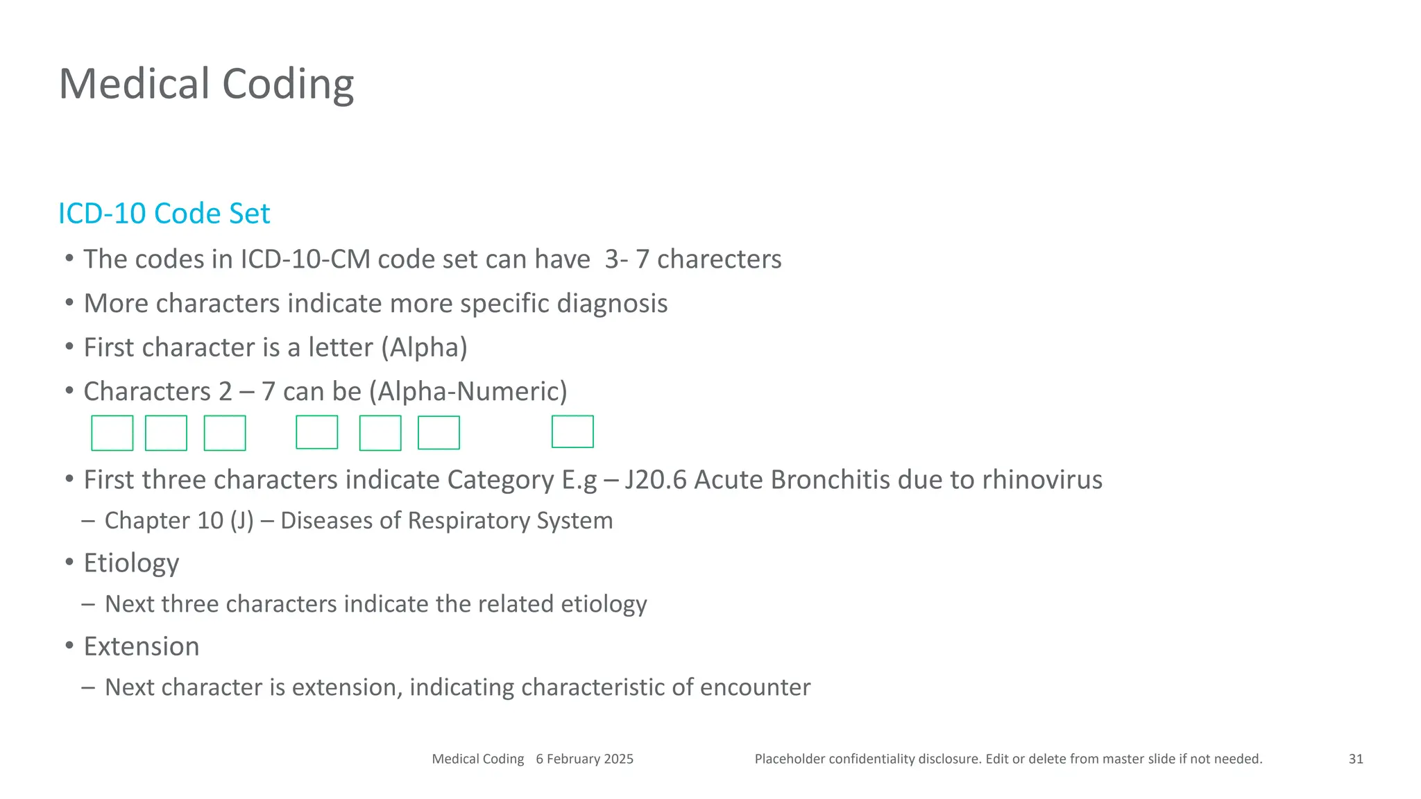 Placeholder confidentiality disclosure. Edit or delete from master slide if not needed.
ICD-10 Code Set
• The codes in ICD-10-CM code set can have 3- 7 charecters
• More characters indicate more specific diagnosis
• First character is a letter (Alpha)
• Characters 2 – 7 can be (Alpha-Numeric)
• First three characters indicate Category E.g – J20.6 Acute Bronchitis due to rhinovirus
– Chapter 10 (J) – Diseases of Respiratory System
• Etiology
– Next three characters indicate the related etiology
• Extension
– Next character is extension, indicating characteristic of encounter
Medical Coding
31
6 February 2025
Medical Coding
 
