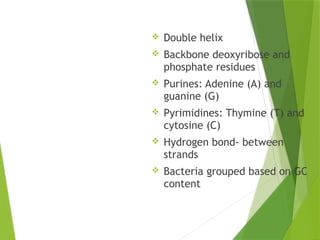 STRUCTURE
OF DNA
 Double helix
 Backbone deoxyribose and
phosphate residues
 Purines: Adenine (A) and
guanine (G)
 Pyrimidines: Thymine (T) and
cytosine (C)
 Hydrogen bond- between
strands
 Bacteria grouped based on GC
content
 