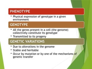 PHENOTYPE
• Physical expression of genotype in a given
environment
GENOTYPE
• All the genes present in a cell (the genome)
collectively constitute its genotype
• Transmitted to its progeny
GENETIC VARIATIONS
• Due to alterations in the genome
• Stable and heritable
• Occur by mutation or by one of the mechanisms of
genetic transfer
 