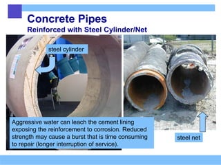 Concrete Pipes
Reinforced with Steel Cylinder/Net
steel cylinder
steel net
Aggressive water can leach the cement lining
exposing the reinforcement to corrosion. Reduced
strength may cause a burst that is time consuming
to repair (longer interruption of service).
 