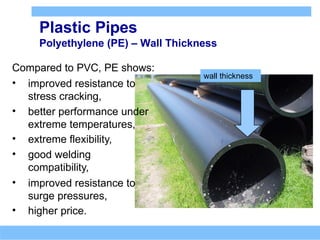 Plastic Pipes
Polyethylene (PE) – Wall Thickness
wall thickness
Compared to PVC, PE shows:
• improved resistance to
stress cracking,
• better performance under
extreme temperatures,
• extreme flexibility,
• good welding
compatibility,
• improved resistance to
surge pressures,
• higher price.
 