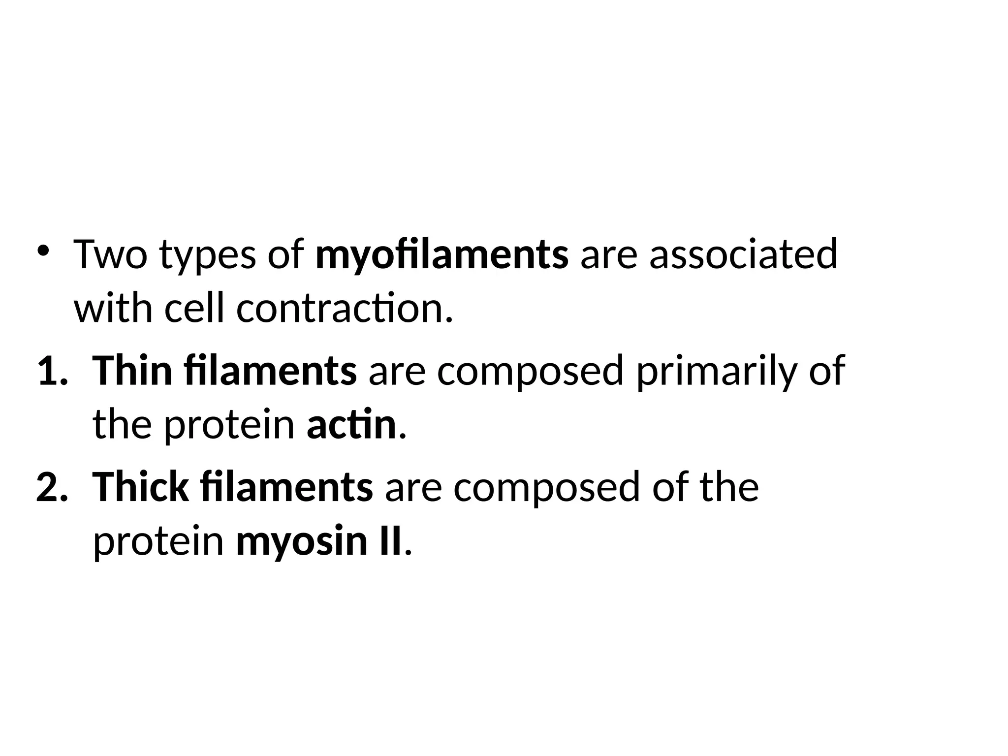 • Two types of myofilaments are associated
with cell contraction.
1. Thin filaments are composed primarily of
the protein actin.
2. Thick filaments are composed of the
protein myosin II.
 