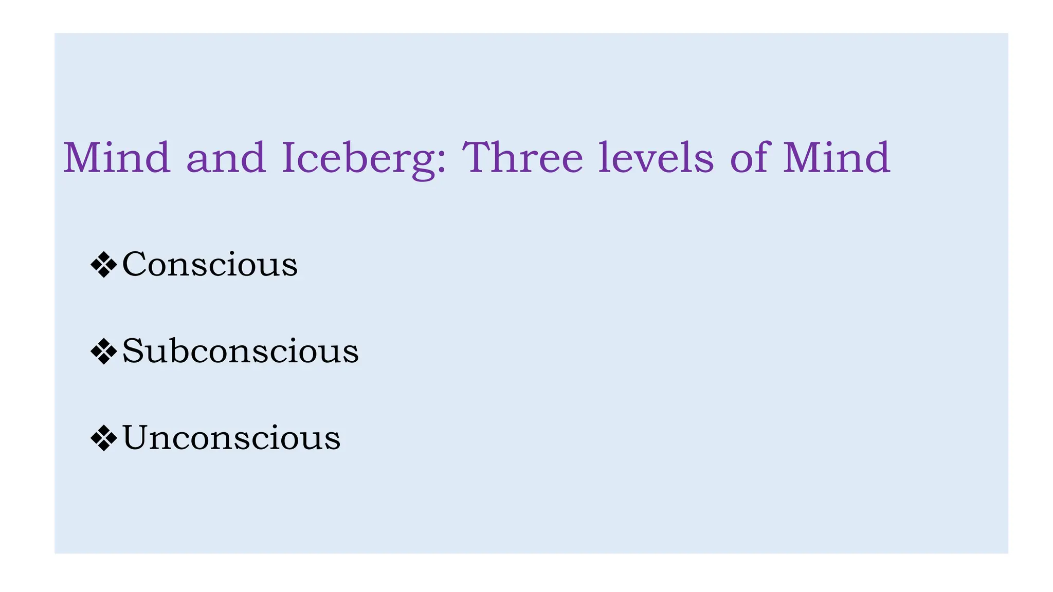 Mind and Iceberg: Three levels of Mind
❖Conscious
❖Subconscious
❖Unconscious
 