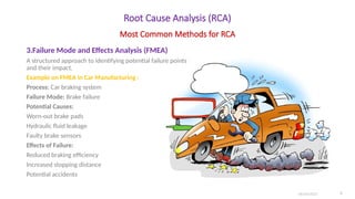 Root Cause Analysis (RCA)
3.Failure Mode and Effects Analysis (FMEA)
A structured approach to identifying potential failure points
and their impact.
Example on FMEA in Car Manufacturing :
Process: Car braking system
Failure Mode: Brake failure
Potential Causes:
Worn-out brake pads
Hydraulic fluid leakage
Faulty brake sensors
Effects of Failure:
Reduced braking efficiency
Increased stopping distance
Potential accidents
06/04/2025 9
Most Common Methods for RCA
 