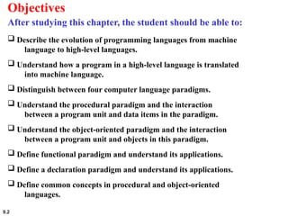 9.2
 Describe the evolution of programming languages from machine
language to high-level languages.
 Understand how a program in a high-level language is translated
into machine language.
 Distinguish between four computer language paradigms.
 Understand the procedural paradigm and the interaction
between a program unit and data items in the paradigm.
 Understand the object-oriented paradigm and the interaction
between a program unit and objects in this paradigm.
 Define functional paradigm and understand its applications.
 Define a declaration paradigm and understand its applications.
 Define common concepts in procedural and object-oriented
languages.
Objectives
After studying this chapter, the student should be able to:
 