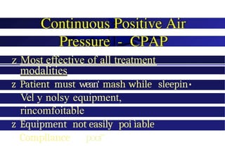 z Most effective of all treatment
modalities
z Patient must wean‘ mash while sleepin•
Vel y nolsy equipment,
rincomfoitable
z Equipment not easily poi ìable
Compllance pooi“
 