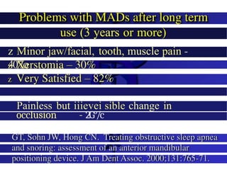 use (3 years or more)
z Minor jaw/facial, tooth, muscle pain -
40'7o
z Ñ3tislied - 15%
Painless but iiievei sible change in
occlusion - 2G°/c
 