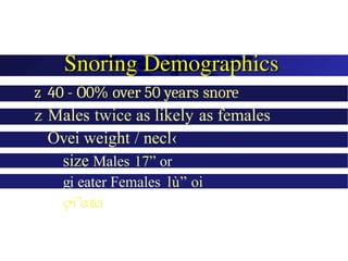z 40 - Õ0% over 50 years snore
z Males twice as likely as females
Ovei weight / necl‹
size Males 17” or
gi eater Females lù” oi
ç•i”eatei
 