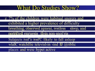 z 7% of the children were habitual snorers and
exhibited a higher prevalence of difficulty
in
breathing, observed apneai, restless sleep, and
noctrii‘n‹i1 enruesis tli‹in non-snoi‘eis
Sulajects ivel”e iv›oi”C llkely to fall asleep
wlallC watchÎlie televisl‹in ‹ind ÎIJ @riblic
places and weie hypei active
 
