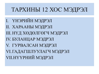 ТАРХИНЫ 12 ХОС МЭДРЭЛ
I. ҮНЭРИЙН МЭДРЭЛ
II. ХАРААНЫ МЭДРЭЛ
III. НҮД ХӨДӨЛГӨГЧ МЭДРЭЛ
IV. БУЛАНЦАР МЭДРЭЛ
V. ГУРВАЛСАН МЭДРЭЛ
VI.ГАДАГШЛУУЛАГЧ МЭДРЭЛ
VII.НҮҮРНИЙ МЭДРЭЛ
 