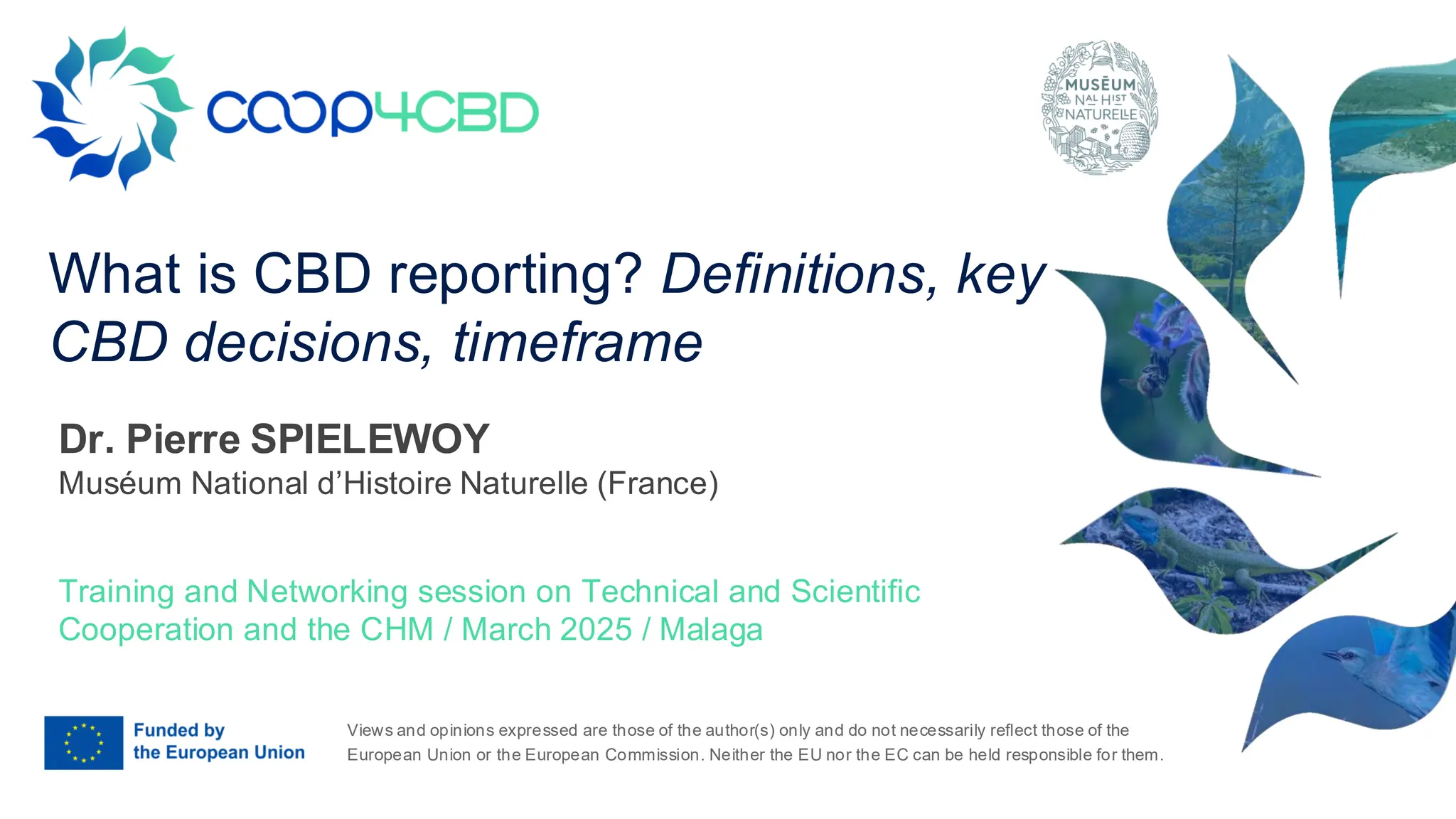 Views and opinions expressed are those of the author(s) only and do not necessarily reflect those of the
European Union or the European Commission. Neither the EU nor the EC can be held responsible for them.
What is CBD reporting? Definitions, key
CBD decisions, timeframe
Training and Networking session on Technical and Scientific
Cooperation and the CHM / March 2025 / Malaga
Dr. Pierre SPIELEWOY
Muséum National d’Histoire Naturelle (France)
 