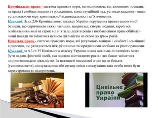 Кримінальне право - система правових норм, які охороняють від злочинних посягань
на права і свободи людини і громадянина, конституційний лад, усі види власності тощо,
установлюючи міру кримінальної відповідальності за їх вчинення.
Приклад: За ст.236 Кримінального кодексу України порушення правил екологічної
безпеки, що спричинило тяжкі наслідки, наприклад, смерть людини, карається
позбавленням волі на строк від п’яти до десяти років з позбавленням права обіймати
певні посади чи займатися певною діяльністю на строк до трьох років.
Цивільне право - система правових норм, які регулюють майнові і особисті немайнові
відносини, що укладаються між фізичними та юридичними особами як рівноправними.
Приклад: за ч.3 ст.35 Цивільного кодексу України повна цивільна дієздатність може
бути надана фізичній особі, яка досягла шістнадцяти років і яка бажає займатися
підприємницькою діяльністю. За наявності письмової згоди на це батьків
(усиновлювачів), піклувальника або органу опіки а піклування така особа може бути
зареєстрована як підприємець.
 