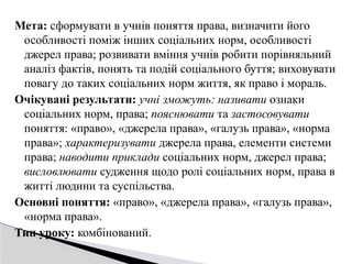 Мета: сформувати в учнів поняття права, визначити його
особливості поміж інших соціальних норм, особливості
джерел права; розвивати вміння учнів робити порівняльний
аналіз фактів, понять та подій соціального буття; виховувати
повагу до таких соціальних норм життя, як право і мораль.
Очікувані результати: учні зможуть: називати ознаки
соціальних норм, права; пояснювати та застосовувати
поняття: «право», «джерела права», «галузь права», «норма
права»; характеризувати джерела права, елементи системи
права; наводити приклади соціальних норм, джерел права;
висловлювати судження щодо ролі соціальних норм, права в
житті людини та суспільства.
Основні поняття: «право», «джерела права», «галузь права»,
«норма права».
Тип уроку: комбінований.
 