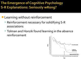  Learning without reinforcement
 Reinforcement necessary for solidifying S-R
associations
 Tolman and Honzik found learning in the absence
reinforcement
 