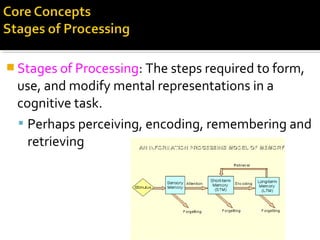  Stages of Processing: The steps required to form,
use, and modify mental representations in a
cognitive task.
 Perhaps perceiving, encoding, remembering and
retrieving
 