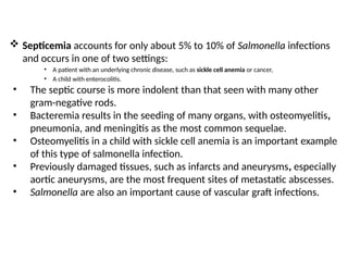  Septicemia accounts for only about 5% to 10% of Salmonella infections
and occurs in one of two settings:
• A patient with an underlying chronic disease, such as sickle cell anemia or cancer,
• A child with enterocolitis.
• The septic course is more indolent than that seen with many other
gram-negative rods.
• Bacteremia results in the seeding of many organs, with osteomyelitis,
pneumonia, and meningitis as the most common sequelae.
• Osteomyelitis in a child with sickle cell anemia is an important example
of this type of salmonella infection.
• Previously damaged tissues, such as infarcts and aneurysms, especially
aortic aneurysms, are the most frequent sites of metastatic abscesses.
• Salmonella are also an important cause of vascular graft infections.
 