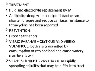 TREATMENT:
• fluid and electrolyte replacement by IV
• Antibiotics doxycycline or ciprofloxacine can
shorten disease and reduce carriage; resistance to
tetracycline has been reported
PREVENTION
• Proper sanitation
VIBRIO PARAHAEMOLYTICUS AND VIBRIO
VULNIFICUS: both are transmitted by
consumption of raw seafood and cause watery
diarrhea as well.
VIBRIO VULNIFICUS can also cause rapidly
spreading cellulitis that may be difficult to treat.
 