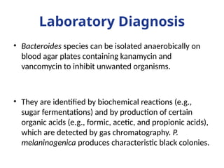 Laboratory Diagnosis
• Bacteroides species can be isolated anaerobically on
blood agar plates containing kanamycin and
vancomycin to inhibit unwanted organisms.
• They are identified by biochemical reactions (e.g.,
sugar fermentations) and by production of certain
organic acids (e.g., formic, acetic, and propionic acids),
which are detected by gas chromatography. P.
melaninogenica produces characteristic black colonies.
 
