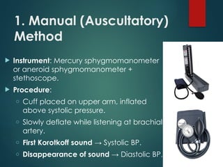 1. Manual (Auscultatory)
Method
 Instrument: Mercury sphygmomanometer
or aneroid sphygmomanometer +
stethoscope.
 Procedure:
o Cuff placed on upper arm, inflated
above systolic pressure.
o Slowly deflate while listening at brachial
artery.
o First Korotkoff sound → Systolic BP.
o Disappearance of sound → Diastolic BP.
 