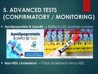 5. ADVANCED TESTS
(CONFIRMATORY / MONITORING)
 Apolipoprotein B (ApoB) → Reflects LDL particle number.
 Non HDL cholesterol
‑ → Total cholesterol minus HDL.
 