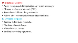 D. Chemical Control
• Apply recommended insecticides only when necessary.
• Observe pre-harvest intervals (PHI).
• Rotate insecticides to delay resistance.
• Follow label recommendations and residue limits.
E. Orchard Hygiene
• Remove fallen fruits regularly.
• Eliminate alternate hosts.
• Maintain weed control.
• Sanitize harvesting equipment.
 