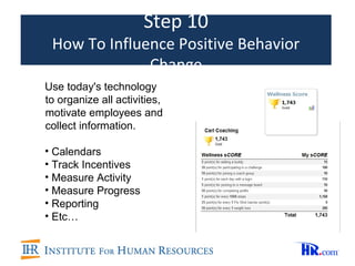 Step 10
 How To Influence Positive Behavior
              Change
Use today's technology
to organize all activities,
motivate employees and
collect information.

• Calendars
• Track Incentives
• Measure Activity
• Measure Progress
• Reporting
• Etc…
 