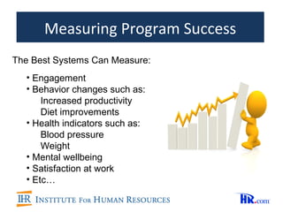 Measuring Program Success
The Best Systems Can Measure:
  • Engagement
  • Behavior changes such as:
      Increased productivity
      Diet improvements
  • Health indicators such as:
      Blood pressure
      Weight
  • Mental wellbeing
  • Satisfaction at work
  • Etc…
 