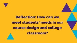 Reflection: How can we
meet students’ needs in our
course design and college
classroom?
 