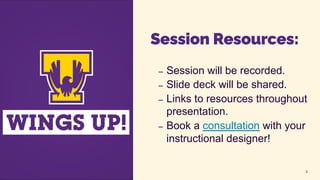 Session Resources:
– Session will be recorded.
– Slide deck will be shared.
– Links to resources throughout
presentation.
– Book a consultation with your
instructional designer!
2
 