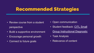 Recommended Strategies
• Review course from a student
perspective
• Build a supportive environment
• Encourage personal growth
• Connect to future goals
• Open communication
• Student feedback: CITL Small
Group Instructional Diagnostic
• Task Analysis
• Relevance of content
 