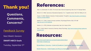 Thank you! References:
Questions,
Comments,
Concerns?
Feedback Survey
Next Week’s Session:
SMART/ABCD Goals
Tuesday, September 5th
Resources:
https://www.exploringthecore.com/post/maslow-before-bloom
Verb Power (imiaweb.org)
Revised Bloom’s Taxonomy – Center for Excellence in Learning and Teaching (iastate.edu)
Student Resources - Golden Eagles Live Wings Up (tntech.edu)
Alam, S., & Karwowski, W. (2022). The Human Side of Service Engineering. New York, NY: Springer Nature.
Bloom, B. S. (1956). Taxonomy of educational objectives. Vol. 1: Cognitive domain. New York: McKay, 20, 24.
Hopper, E. (2020). Maslow’s Hierarchy of needs explained. ThoughtCo. https://www.thoughtco.com/maslows-
hierarchy-of-needs-4582571
Maslow, A. H. (1943). A theory of human motivation. Psychological Review, 50(4), 370–396.
https://doi.org/10.1037/h0054346
Maslow, A. H. (1970). Motivation and personality. New York: Harper & Row.
Ruhl, C. (2023). Bloom’s Taxonomy of learning. Simply Psychology. https://www.simplypsychology.org/blooms-
taxonomy.html
 