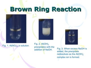 Brown Ring Reaction Fig. 3. When excess NaOH is added, the precipitate redissolves as the Al(OH) 4 -  complex ion is formed.   Fig. 2. Al(OH) 3  precipitates with the addition of NaOH.   Fig. 1. Al(NO 3 ) 3  in solution.   