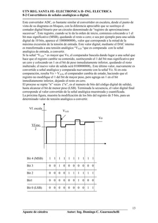 UTN REG. SANTA FE- ELECTRONICA II- ING. ELECTRICA
8-2 Convertidores de señales analógicas a digital.
----------------------------------------------------------------------------------------------------
Este convertidor ADC, es bastante similar al convertidor en escalera, desde el punto de
vista de su diagrama en bloques, con la diferencia apreciable que se sustituyo el
contador digital binario por un circuito denominado de “registro de aproximaciones
sucesivas”. Este registro, cuando se le da la orden de inicio, comienza colocando a 1 el
bit mas significativo (MSB), quedando el resto a cero; o sea por ejemplo para una salida
digital de 10 bits, aparece el 10000000002, valor que corresponde a la mitad de la
máxima excursión de la tensión de entrada. Este valor digital, mediante el DAC interno
es transformada a una tensión analógica “VA/D “que es comparada con la señal
analógica de entrada, a convertir.
Si la señal “VA/D “ es mayor que Vo, el comparador bascula dando lugar a una señal que
hace que el registro cambie su contenido, sustituyendo el 1 del bit mas significativo por
un cero y colocando un 1 en el bit de peso inmediatamente inferior, quedando el resto
inalterado; el nuevo valor de salida será 01000000002. Este último valor, nuevamente es
convertido a señal analógica y comparada nuevamente con la señal Vo. Si en esta
comparación, resulta Vo > VA/D, el comparador cambia de estado, haciendo que el
registro no modifique el 1 del bit de mayor peso, pero agrega un 1 en el bit
inmediatamente inferior, dejando el resto en cero.
El proceso se repite “n” veces (“n”, es el numero de bits del código digital de salida),
hasta alcanzar el bit de menor peso (LSB). Terminada la secuencia, el valor digital final
corresponde al valor convertido de la señal analógica muestreada y cuantificada.
La próxima figura, muestra la modificación de los bits del registro de 5 bits, para un
determinado valor de tensión analógica a convertir.

     Vf. escala
                                    VA/D

                                                                   Vo

        Vf.esc.
          2




   Bit 4 (MSB)         1   1    1   1   1   1    1   1   1   1

   Bit 3               0   0    1   0   0   0    0   0   0   0

   Bit 2               0   0    0   0   1   1    1   1   1   1

   Bit1                0   0    0   0   0   0    1   0   0   0

   Bit 0 (LSB)         0   0    0   0   0   0    0   0   1   1




__________________________________________________________________                               13
Apunte de cátedra           Autor: Ing. Domingo C. Guarnaschelli
 