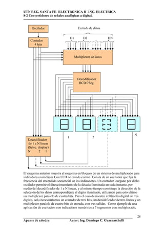 UTN REG. SANTA FE- ELECTRONICA II- ING. ELECTRICA
8-2 Convertidores de señales analógicas a digital.
----------------------------------------------------------------------------------------------------

       Oscilador                                   Entrada de datos


                                            D1         D2                   DN
      Contador
        4 bits


                                                 Multiplexor de datos




                                                   Decodificador
                                                    BCD/7Seg.




                                                                                                       N
                                        1                     2
    Decodificador
    de 1 a N líneas
    (Selec. display)
    N       2     1




El esquema anterior muestra el esquema en bloques de un sistema de multiplexado para
indicadores numéricos Con LED de cátodo común. Consta de un oscilador que fija la
frecuencia del encendido secuencial de los indicadores. Un contador cargado por dicho
oscilador permite el direccionamiento de la década iluminada en cada instante, por
medio del decodificador de 1 a N líneas, y al mismo tiempo constituye la dirección de la
selección de los datos correspondiente al digito iluminado, utilizando para esto ultimo
un multiplexor paralelo de cuatro bits. Para el caso de nuestro voltímetro digital de tres
dígitos, solo necesitaríamos un contador de tres bits, un decodificador de tres líneas y un
multiplexor paralelo de cuatro bits de entrada, con tres salidas. Como ejemplo de una
aplicación de excitación con indicadores numéricos a 7 segmentos con multiplexado,

__________________________________________________________________                                         28
Apunte de cátedra           Autor: Ing. Domingo C. Guarnaschelli
 