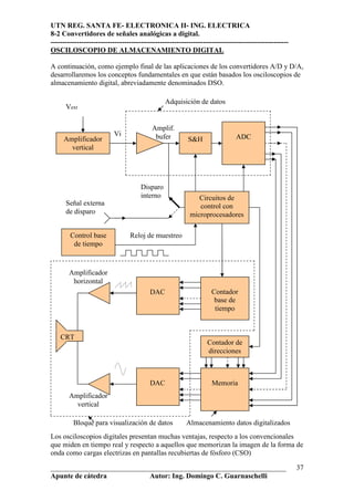 UTN REG. SANTA FE- ELECTRONICA II- ING. ELECTRICA
8-2 Convertidores de señales analógicas a digital.
----------------------------------------------------------------------------------------------------
OSCILOSCOPIO DE ALMACENAMIENTO DIGITAL

A continuación, como ejemplo final de las aplicaciones de los convertidores A/D y D/A,
desarrollaremos los conceptos fundamentales en que están basados los osciloscopios de
almacenamiento digital, abreviadamente denominados DSO.

                                                Adquisición de datos
      Vext
      .

                                          Amplif.
                          Vi               bufer                              ADC
     Amplificador                                        S&H
       vertical




                                     Disparo
                                     interno                 Circuitos de
      Señal externa                                          control con
      de disparo                                          microprocesadores

          Control base           Reloj de muestreo
           de tiempo



          Amplificador
           horizontal
                                         DAC                       Contador
                                                                    base de
                                                                    tiempo



    CRT
                                                                 Contador de
                                                                 direcciones



                                         DAC                       Memoria
          Amplificador
            vertical

           Bloque para visualización de datos            Almacenamiento datos digitalizados
Los osciloscopios digitales presentan muchas ventajas, respecto a los convencionales
que miden en tiempo real y respecto a aquellos que memorizan la imagen de la forma de
onda como cargas electrizas en pantallas recubiertas de fósforo (CSO)

__________________________________________________________________                                     37
Apunte de cátedra           Autor: Ing. Domingo C. Guarnaschelli
 