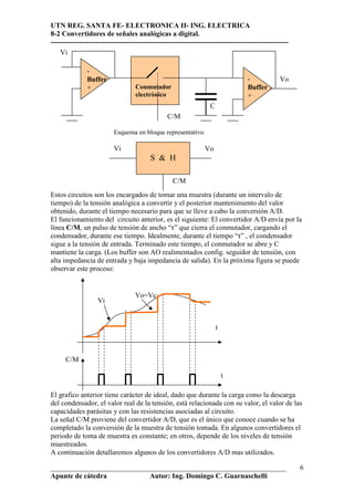 UTN REG. SANTA FE- ELECTRONICA II- ING. ELECTRICA
8-2 Convertidores de señales analógicas a digital.
----------------------------------------------------------------------------------------------------
    Vi

               -
               Buffer                                                             -             Vo
               +                   Conmutador                                     Buffer
                                   electrónico                                    +
                                                                   C
                                                 C/M

                          Esquema en bloque representativo

                          Vi                                    Vo
                                         S & H

                                                   C/M
Estos circuitos son los encargados de tomar una muestra (durante un intervalo de
tiempo) de la tensión analógica a convertir y el posterior mantenimiento del valor
obtenido, durante el tiempo necesario para que se lleve a cabo la conversión A/D.
El funcionamiento del circuito anterior, es el siguiente: El convertidor A/D envía por la
línea C/M, un pulso de tensión de ancho “τ” que cierra el conmutador, cargando el
condensador, durante ese tiempo. Idealmente, durante el tiempo “τ” , el condensador
sigue a la tensión de entrada. Terminado este tiempo, el conmutador se abre y C
mantiene la carga. (Los buffer son AO realimentados config. seguidor de tensión, con
alta impedancia de entrada y baja impedancia de salida). En la próxima figura se puede
observar este proceso:


                                   Vo=Vc
                   Vi


                                                                       t



      C/M

                                                                           t

El grafico anterior tiene carácter de ideal, dado que durante la carga como la descarga
del condensador, el valor real de la tensión, está relacionada con su valor, el valor de las
capacidades parásitas y con las resistencias asociadas al circuito.
La señal C/M proviene del convertidor A/D, que es el único que conoce cuando se ha
completado la conversión de la muestra de tensión tomada. En algunos convertidores el
periodo de toma de muestra es constante; en otros, depende de los niveles de tensión
muestreados.
A continuación detallaremos algunos de los convertidores A/D mas utilizados.

__________________________________________________________________                                     6
Apunte de cátedra           Autor: Ing. Domingo C. Guarnaschelli
 