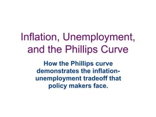 Inflation, Unemployment,
and the Phillips Curve
How the Phillips curve
demonstrates the inflation-
unemployment tradeoff that
policy makers face.
 