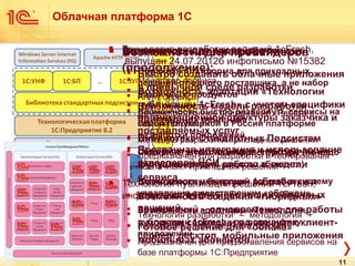 Облачная платформа 1С
 Технология разработки решений 1cFresh,
выпущен 24.07.2012б инфописьмо №15382
 Менеджер сервиса
 Агент сервиса
 Демонстрационное приложение «Работа в
модели сервиса»
 Методика разработки прикладных решений
 Предназначен для разработки и тестирования
«облачных» прикладных решений
 Технология публикации решений 1cFresh,
инфописьмо №16065
 Технология разработки “–” методология “+”
интеграция с web (web-сайт, форум)
 Предназначен для предоставления сервисов на
базе платформы 1С:Предприятие
 Возможности для разработчиков
 Быстро создавать облачные приложения
в привычной среде разработки
 Неизменность модели разработки
прикладных решений
 Библиотека Стандартных Подсистем
содержит необходимый «прозрачный»
функционал для работы в модели
сервиса
 Возможность создания «гибридных»
приложений – одновременно для работы
в модели сервиса и в вариантах клиент-
сервер, десктоп, мобильные приложения
 Возможности для провайдеров:
 Облачная платформа для прикладных
решений от одного поставщика, а не набор
различных продуктов
 Возможность быстро развернуть сервисы на
самой популярной в России платформе
разработки приложений
 Снижение затрат на инфраструктуру (не надо
виртуализировать каждого абонента)
 Возможность интеграции 1cFresh в систему
управления существующим «облаком»
 Возможность адаптации «Технологии
публикации 1cFresh» под специфику
приложений
 Возможности для провайдеров
(продолжение):
 Возможность адаптации «Технологии
публикации 1cFresh» с учетом специфики
организационной структуры заказчика и
поставляемых услуг
 Прозрачная интеграция и использование
отраслевой НСИ
 Возможность быстрой разработки и
старта «с нуля» небольших облачных
решений.
 Готовое решение для «облака»
мобильных абонентов.
11
 