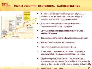  В версии 8.3 сформированы уже не отдельные
элементы технологий для работы в модели
сервиса, а комплекс таких технологий
 Значительно переработана архитектура и
управление кластером серверов
 Оптимизирована производительность во
многих аспектах
 Фоновое обновление конфигурации базы данных
 Автоматизированное тестирование
 Новый пользовательский интерфейс
 Клиентские приложения, средства разработки
(конфигуратор) и администрирования на Linux
 Серьезно проработан режим совместимости с
предыдущими версиями. (можно беспрепятственно
сделать downgrade платформы с версии 8.3 до 8.2)

Этапы развития платформы 1С:Предприятие
27
 