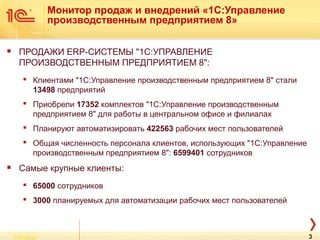 Монитор продаж и внедрений «1С:Управление
производственным предприятием 8»
 ПРОДАЖИ ERP-СИСТЕМЫ "1С:УПРАВЛЕНИЕ
ПРОИЗВОДСТВЕННЫМ ПРЕДПРИЯТИЕМ 8":
 Клиентами "1С:Управление производственным предприятием 8" стали
13498 предприятий
 Приобрели 17352 комплектов "1С:Управление производственным
предприятием 8" для работы в центральном офисе и филиалах
 Планируют автоматизировать 422563 рабочих мест пользователей
 Общая численность персонала клиентов, использующих "1С:Управление
производственным предприятием 8": 6599401 сотрудников
 Самые крупные клиенты:
 65000 сотрудников
 3000 планируемых для автоматизации рабочих мест пользователей
3
 