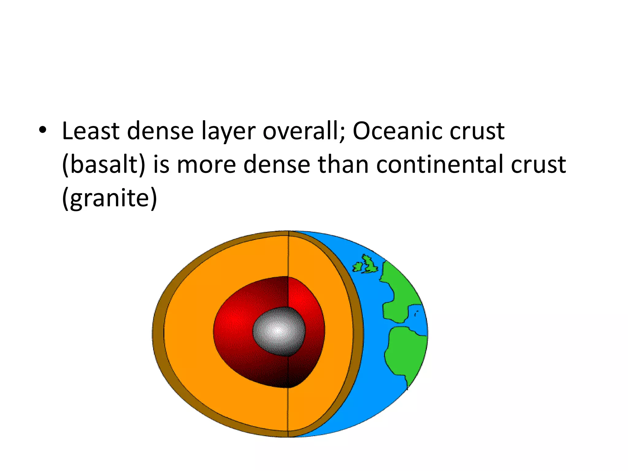 • Least dense layer overall; Oceanic crust
  (basalt) is more dense than continental crust
  (granite)
 