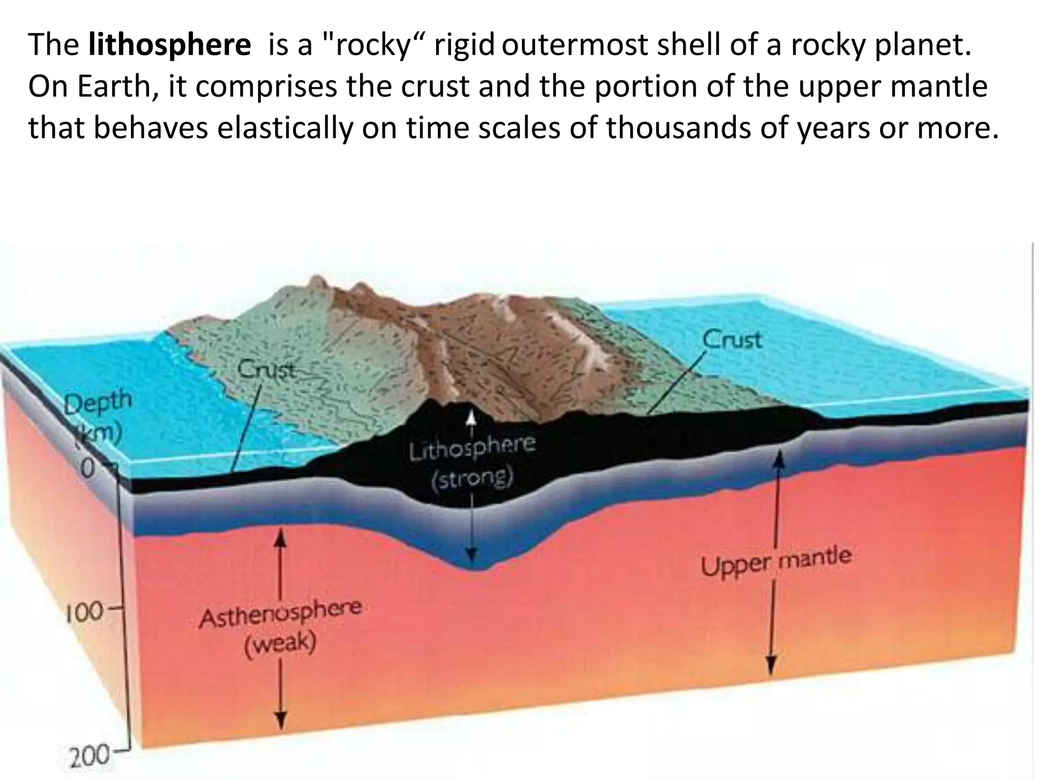 The lithosphere is a "rocky“ rigid outermost shell of a rocky planet.
On Earth, it comprises the crust and the portion of the upper mantle
that behaves elastically on time scales of thousands of years or more.
 