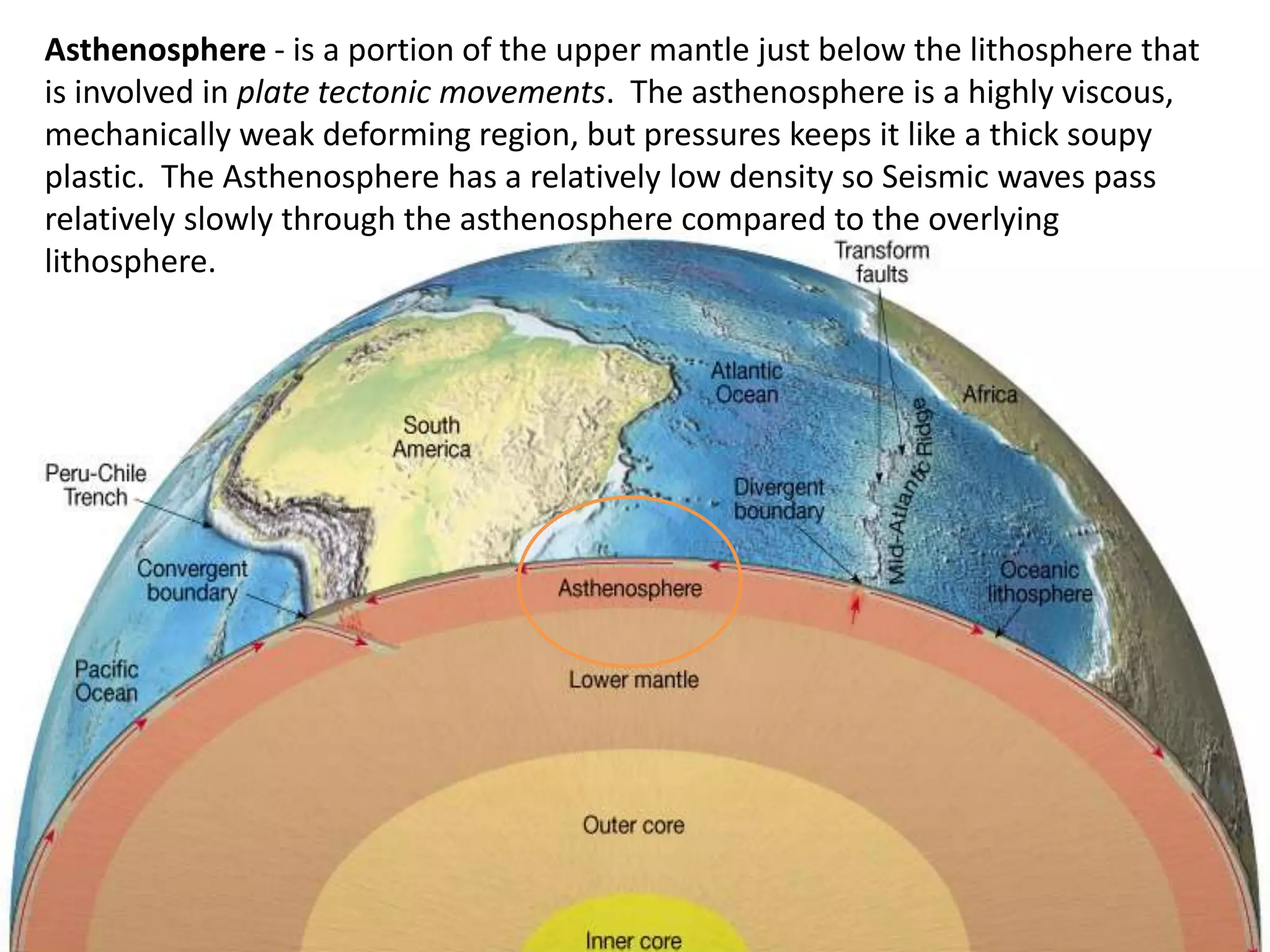 Asthenosphere - is a portion of the upper mantle just below the lithosphere that
is involved in plate tectonic movements. The asthenosphere is a highly viscous,
mechanically weak deforming region, but pressures keeps it like a thick soupy
plastic. The Asthenosphere has a relatively low density so Seismic waves pass
relatively slowly through the asthenosphere compared to the overlying
lithosphere.
 